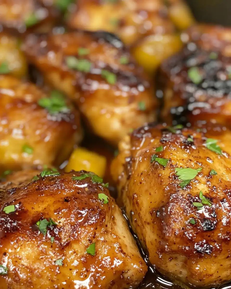 Cornstarch slurry thickening pineapple chicken sauce in skillet