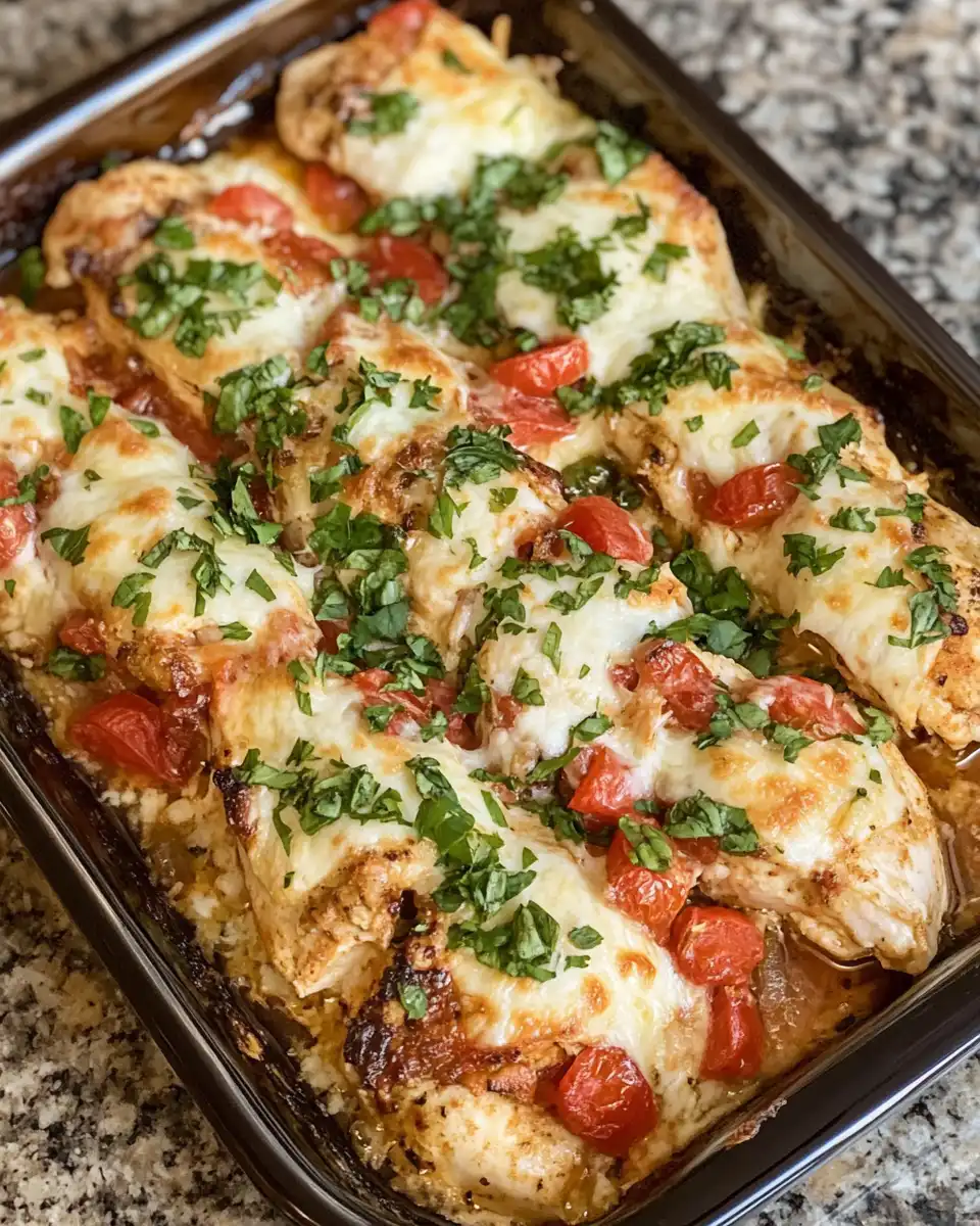 Ingredients for bruschetta chicken bake including tomatoes basil cheese