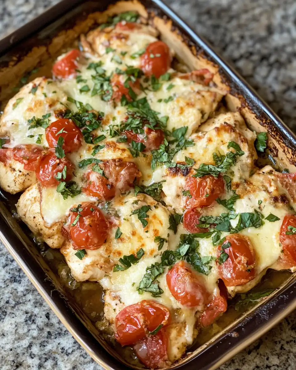 Served bruschetta chicken bake with golden cheesy crust and stuffing topping