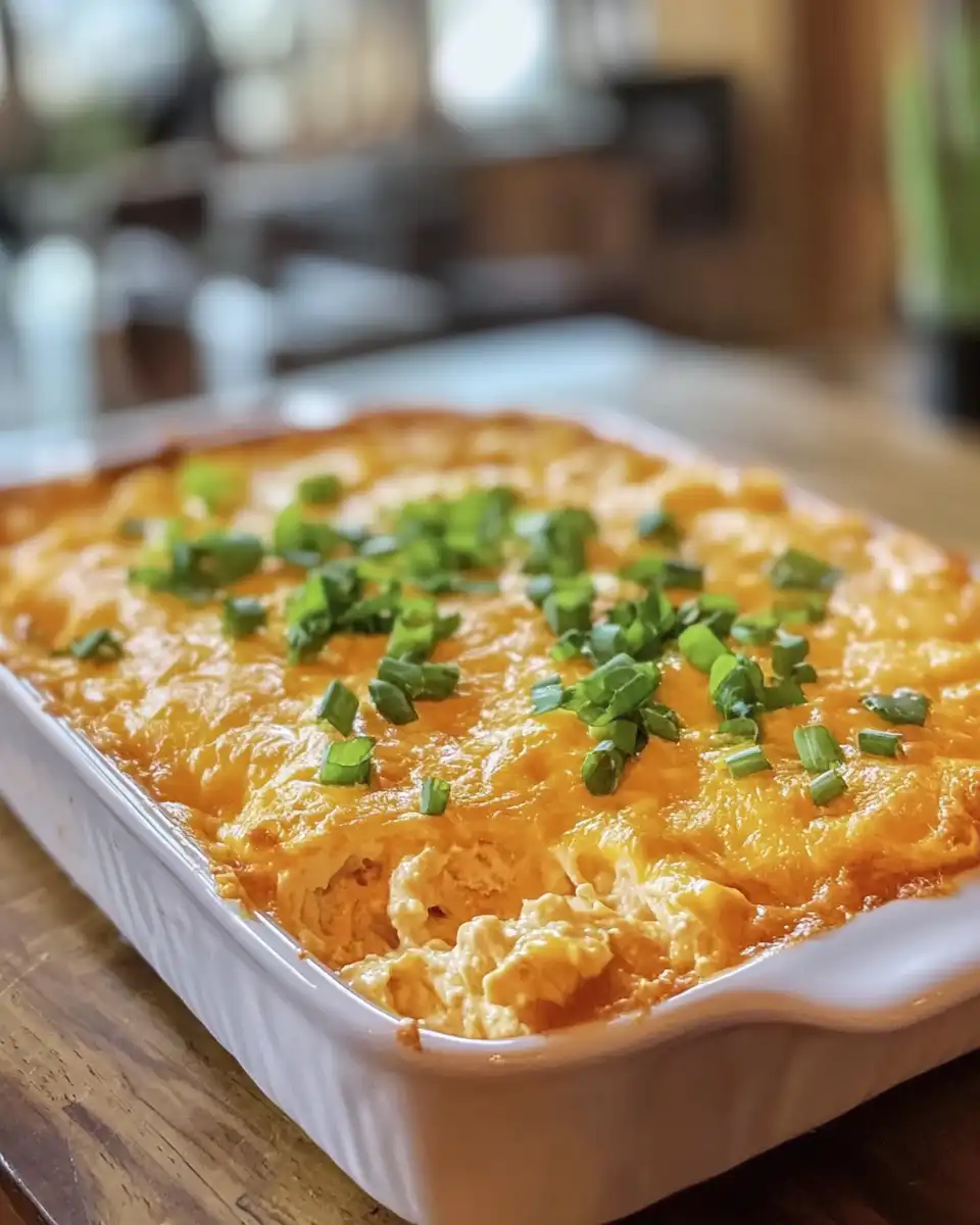 Buffalo chicken dip with melted cheddar cheese bubbling on top