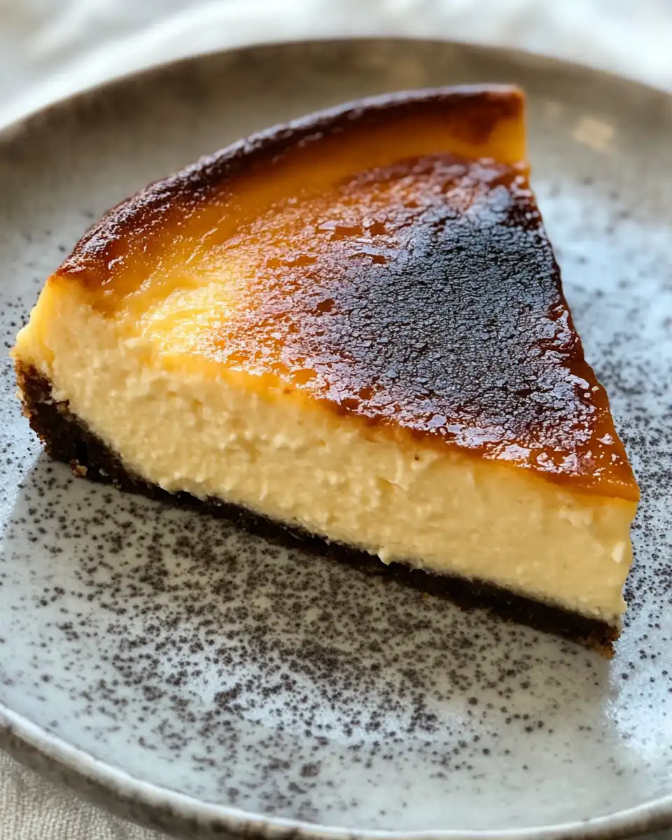 Finished Basque Cheesecake on white plate
