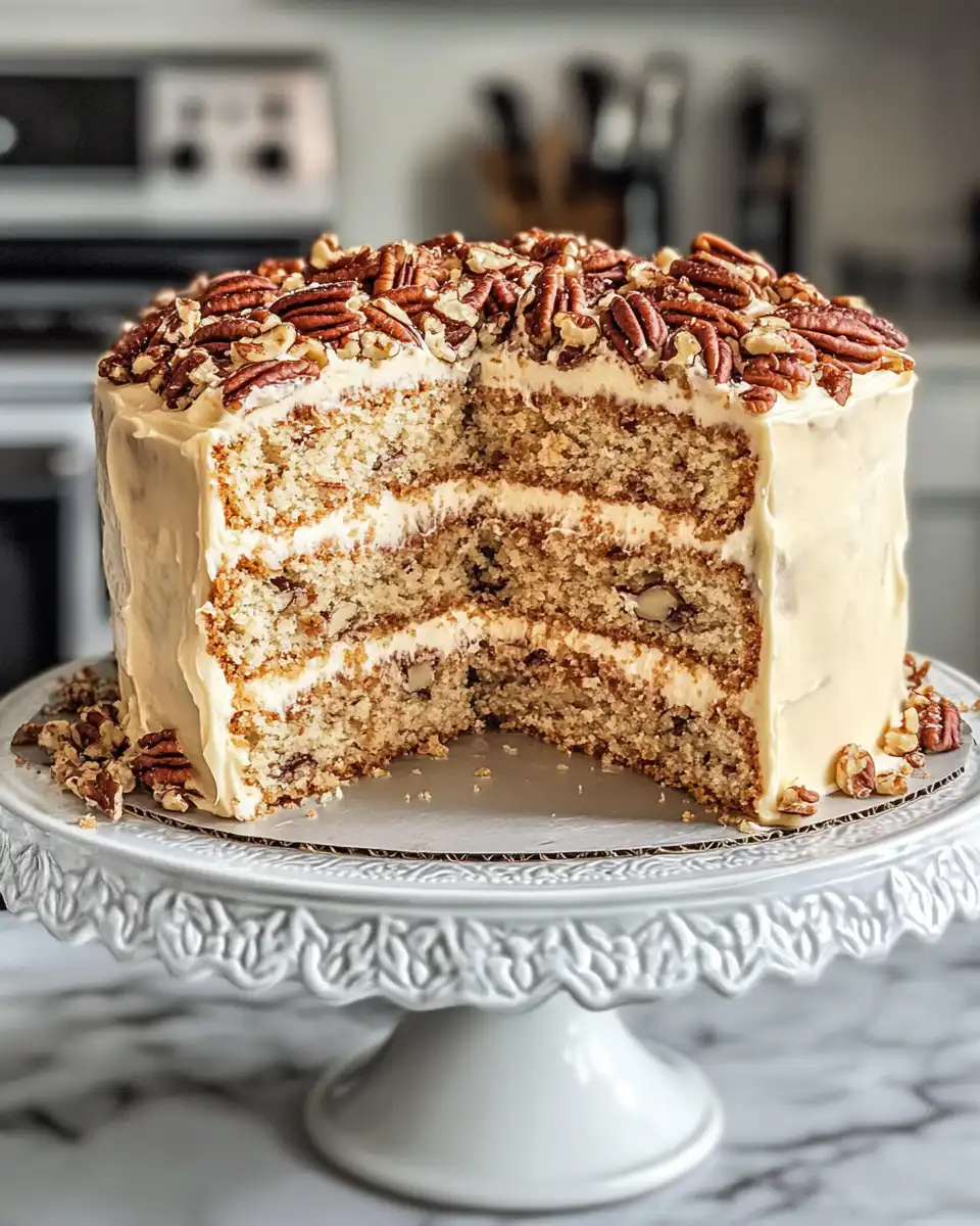 Slice of Butter Pecan Cake topped with frosting and pecans
