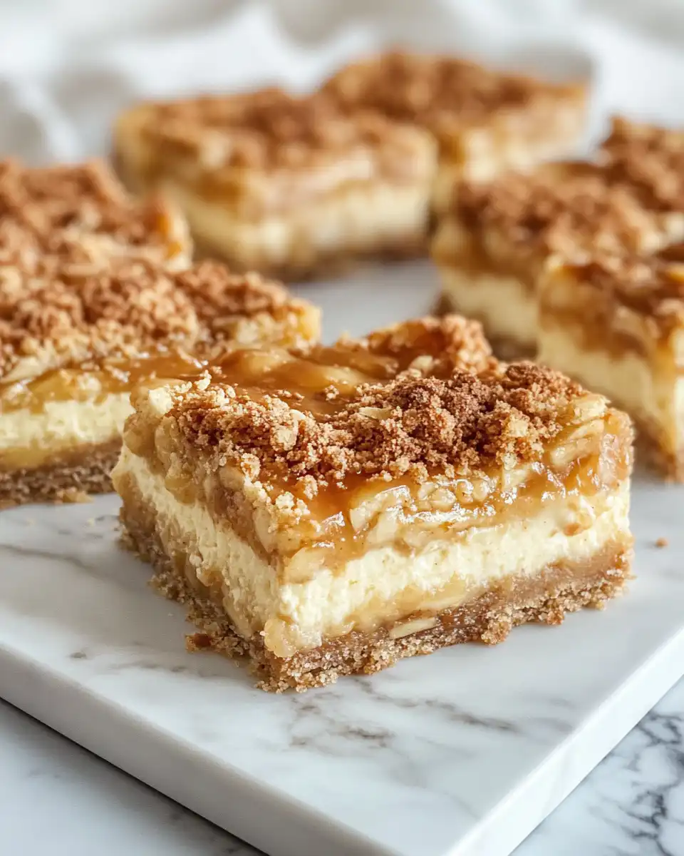 Serving plate with finished caramel apple cheesecake bars ready to eat