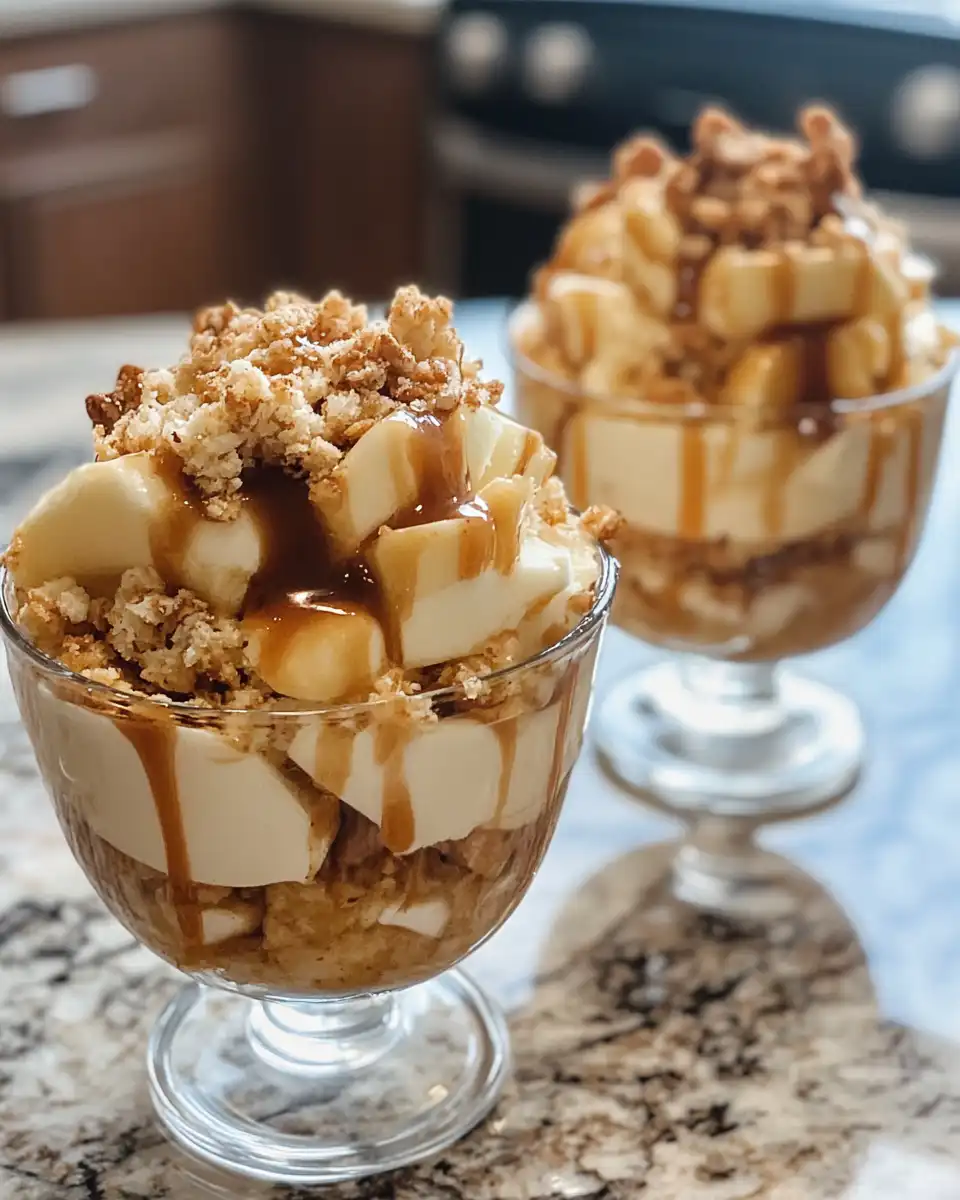 Ingredients for caramel apple dessert cups including diced apples and cinnamon