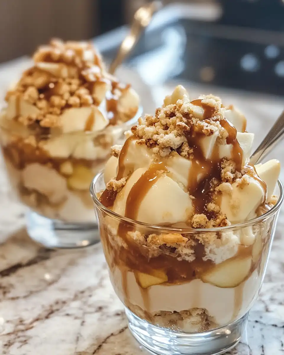 Finished caramel apple dessert cups with layers of crust, pudding and caramel