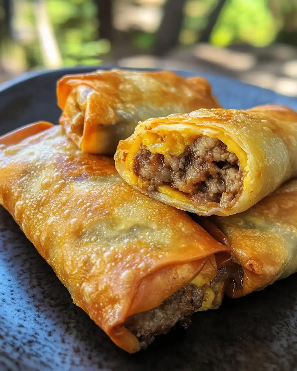 Ingredients laid out for cheeseburger egg rolls including ground beef, cheese, pickles
