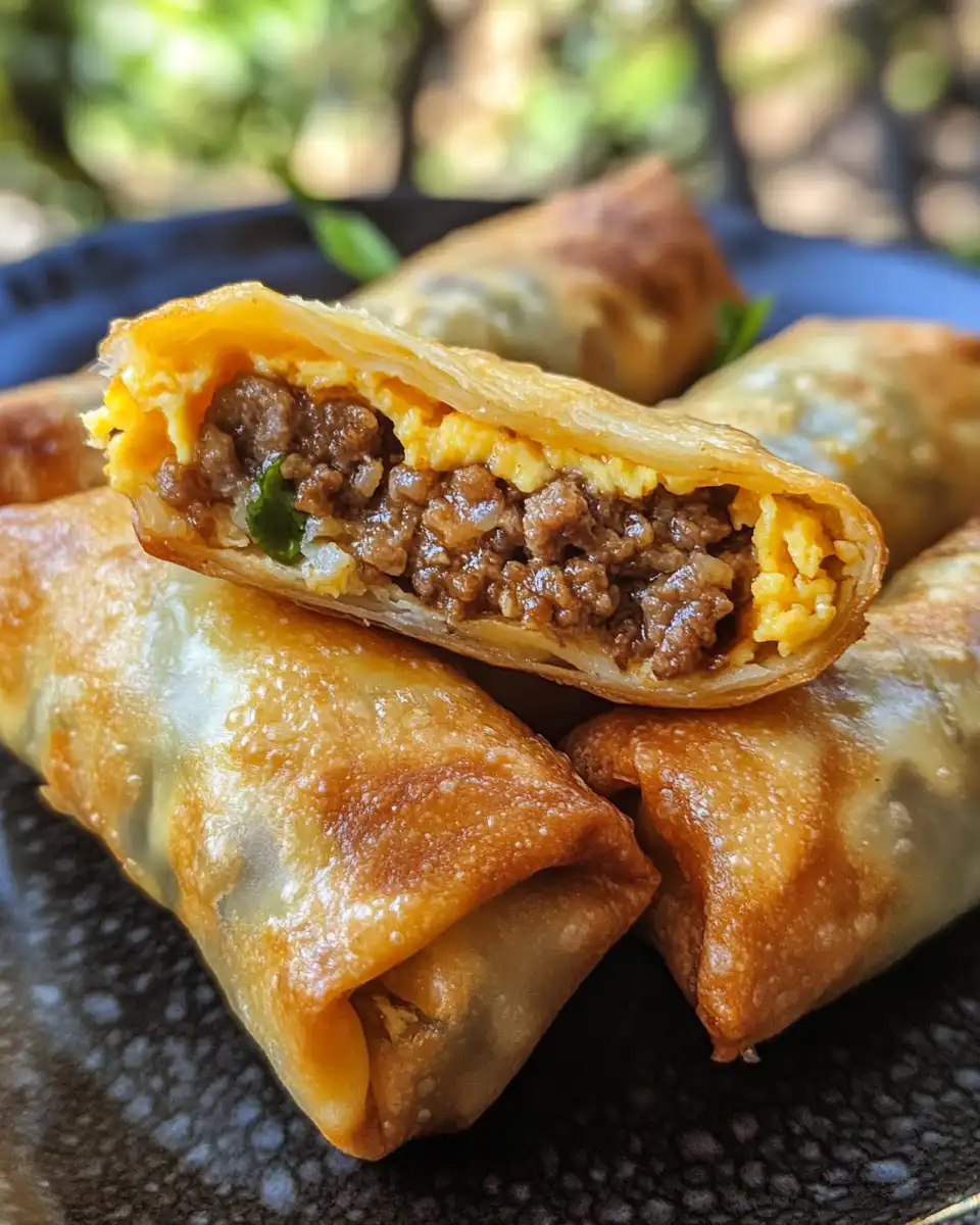 Golden crispy finished cheeseburger egg rolls with dipping sauce