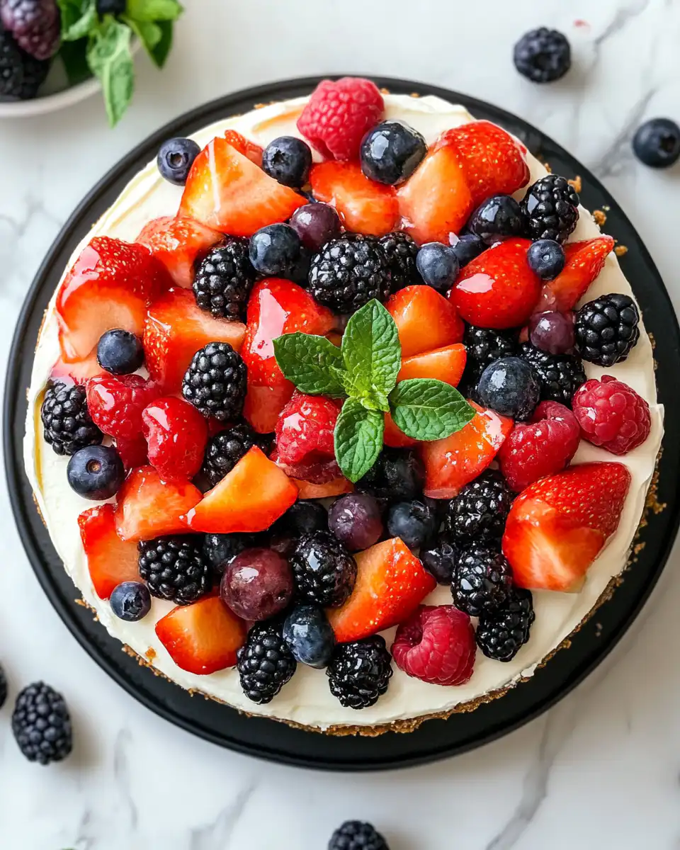 Ingredients for cheesecake fruit salad including fresh berries and whipped topping