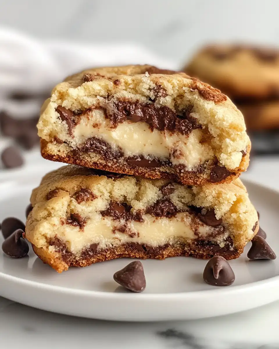 Close-up of cheesecake stuffed chocolate chip cookie
