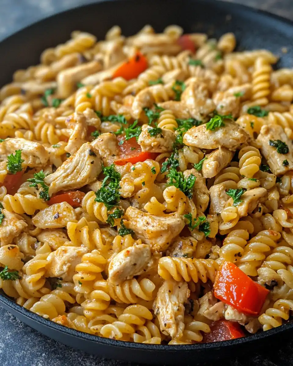 Ingredients laid out for cheesy cajun garlic chicken rotini skillet recipe