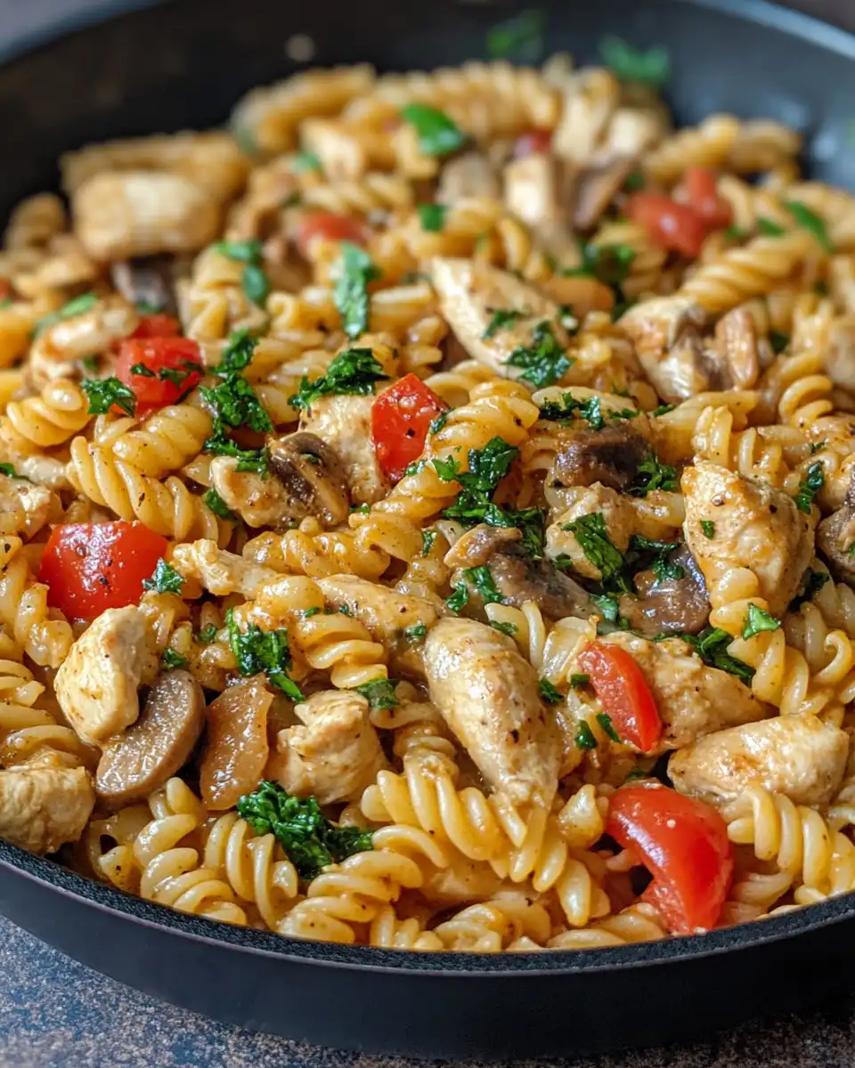 Pressure cooker with seasoned chicken and pasta cooking in creamy sauce