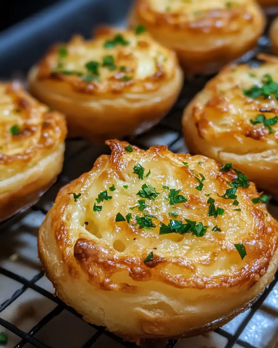 Freshly baked cheesy garlic cruffins served warm on wire rack