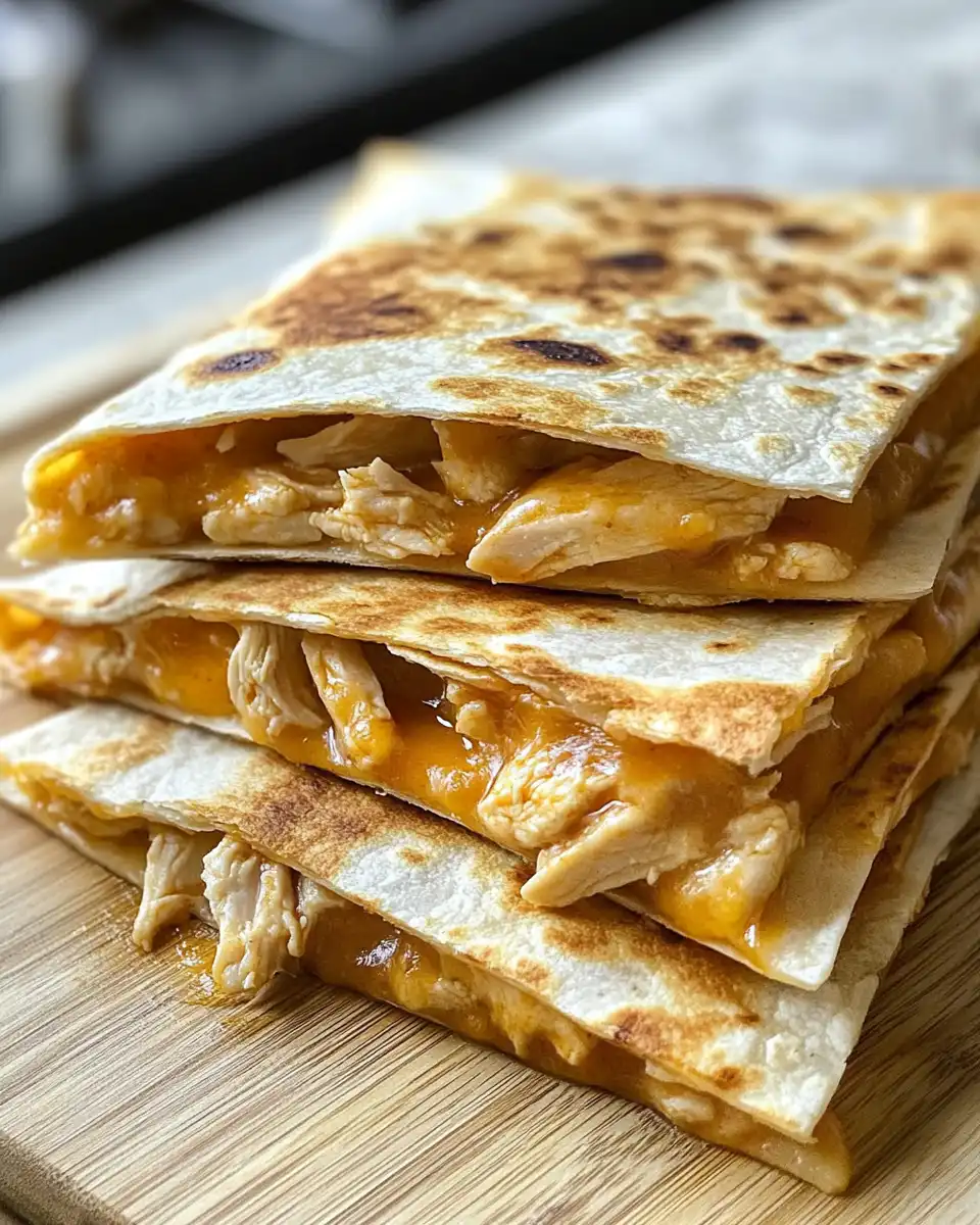Golden crispy cheesy quesadilla wedges with honey chipotle chicken inside