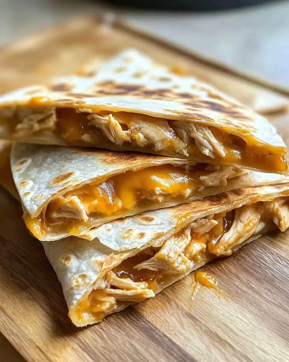Close up of cheesy hot honey chicken quesadillas fresh and melty