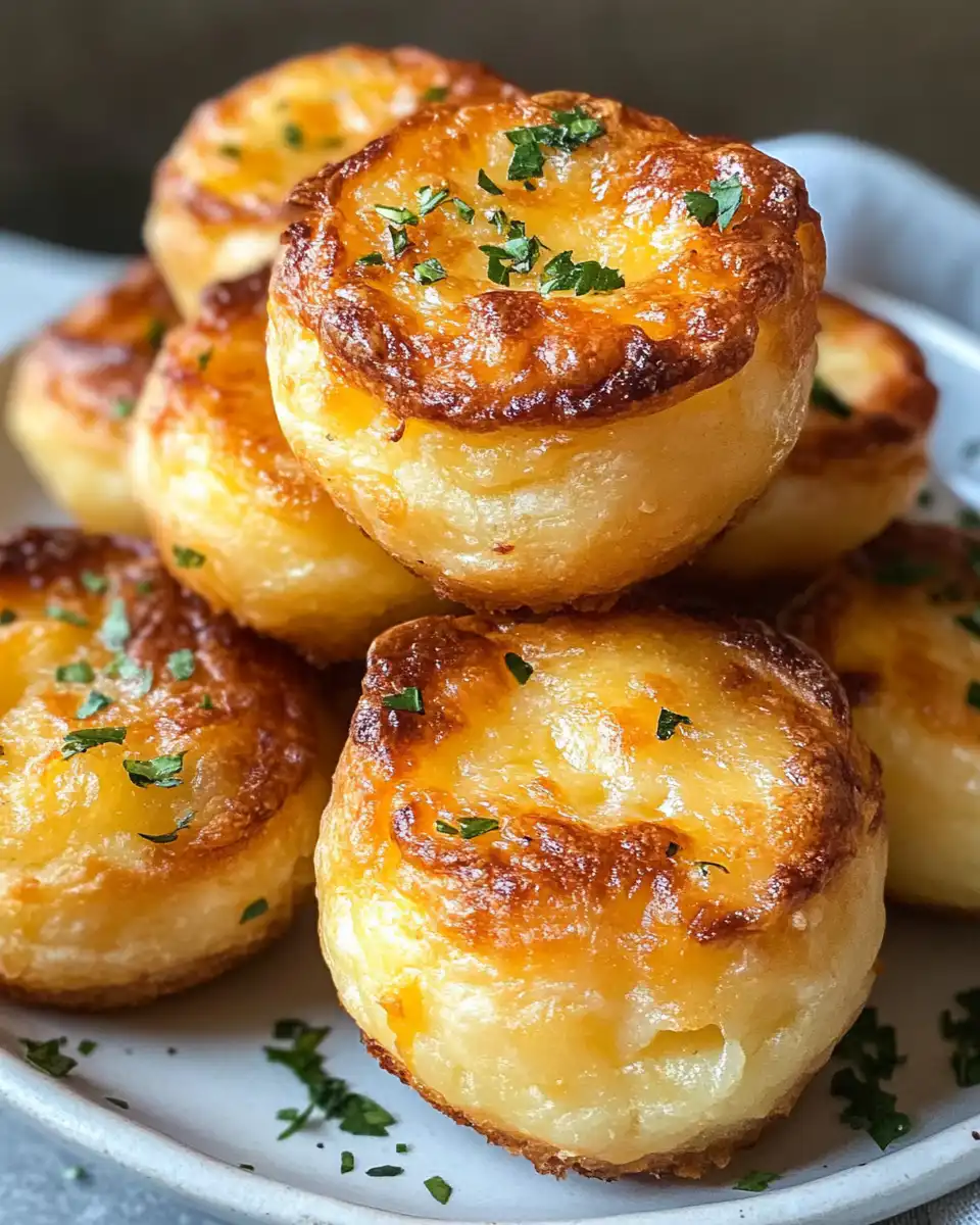 Final baked cheesy mashed potato puffs golden and served on a plate