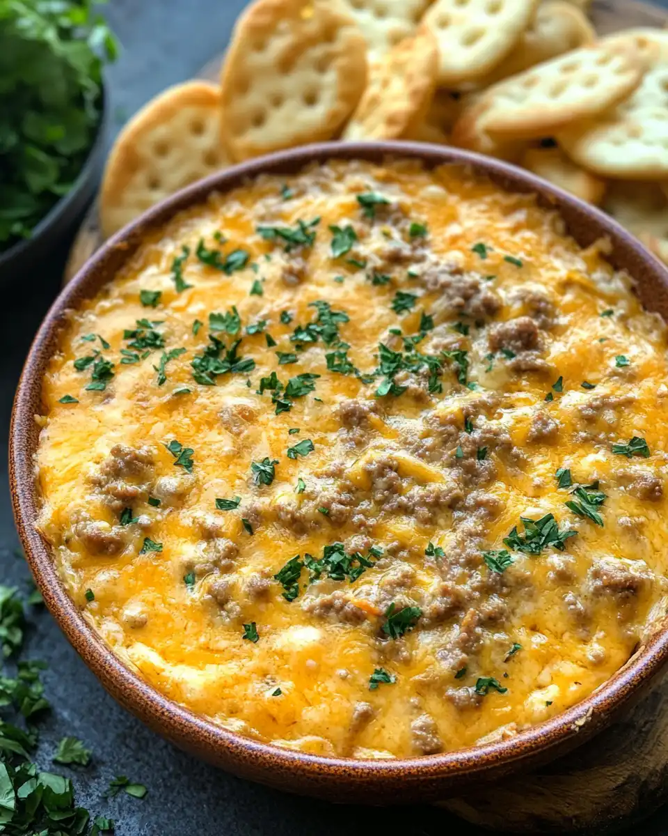 Final slow cooker Big Mac dip ready to serve with chips