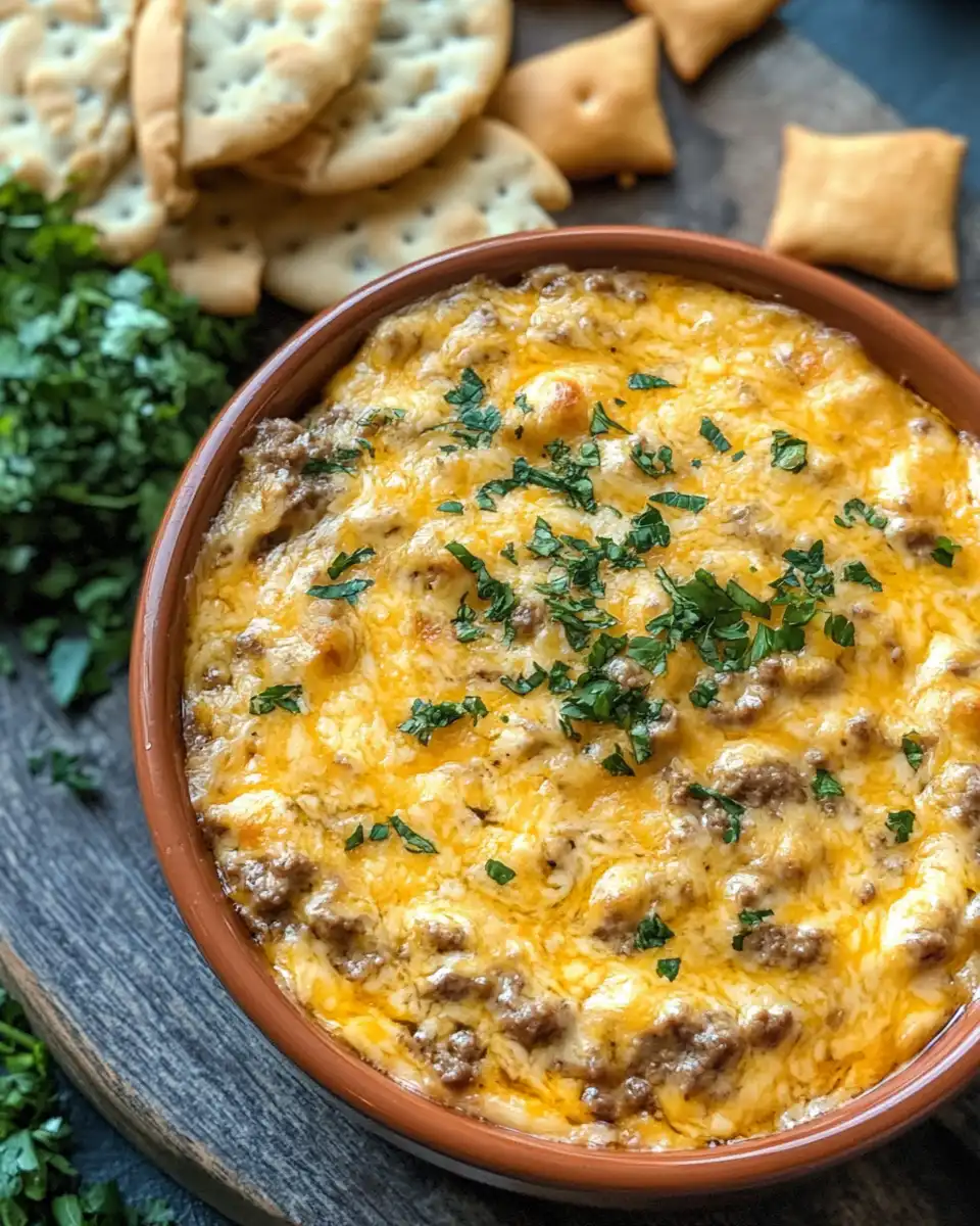 Cheesy Slow Cooker Big Mac Dip warm and bubbly in pot with steam rising