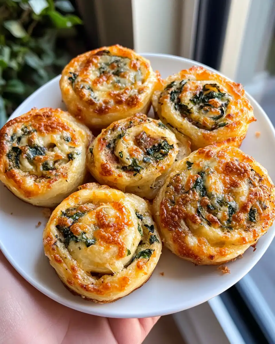 Golden cheesy spinach pinwheels ready to serve