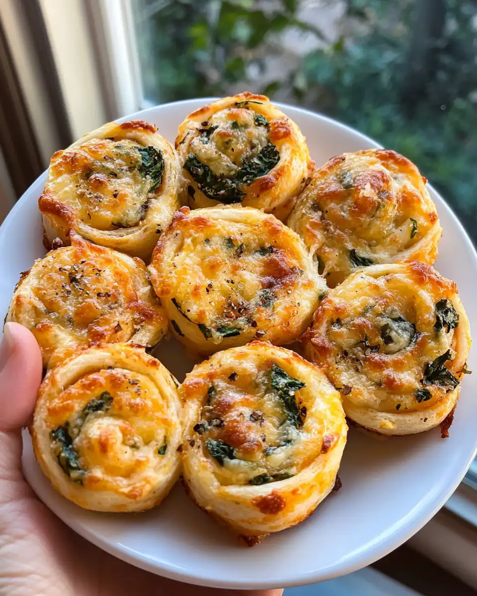 Cheesy spinach and artichoke pinwheels fresh from the oven