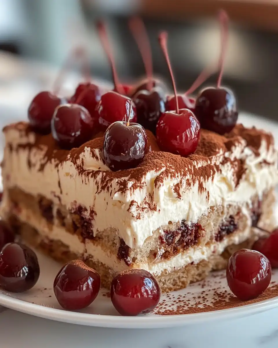 Finished cherry amaretto tiramisu dessert ready to serve