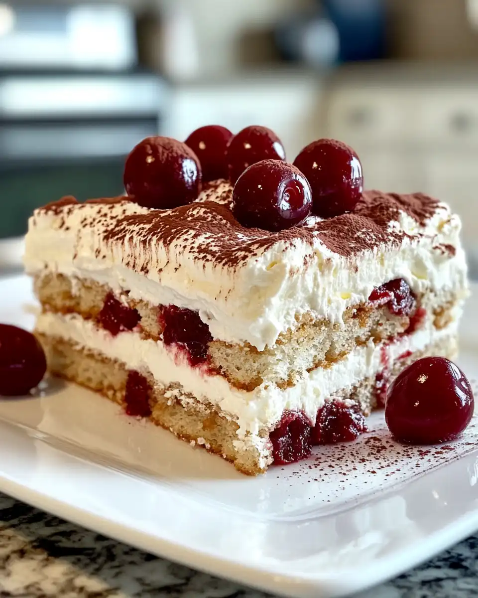 Ingredients for Cherry Amaretto Tiramisu including cherries, Amaretto, ladyfingers