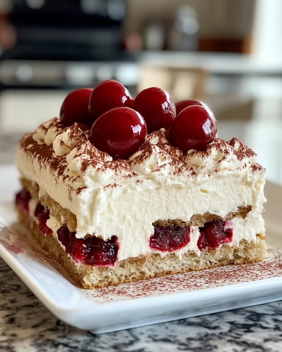Layered Cherry Amaretto Tiramisu dessert in serving dish
