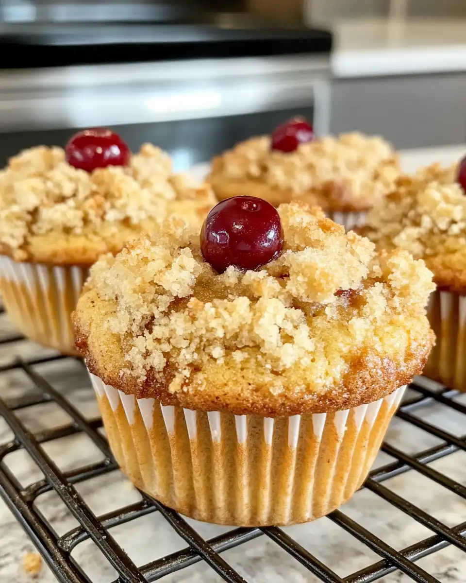 Ingredients for cherry cobbler muffins including cherries and flour