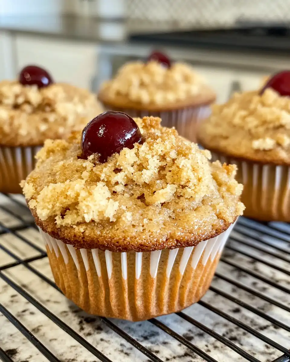 Finished cherry cobbler muffins cooling on wire rack with golden topping