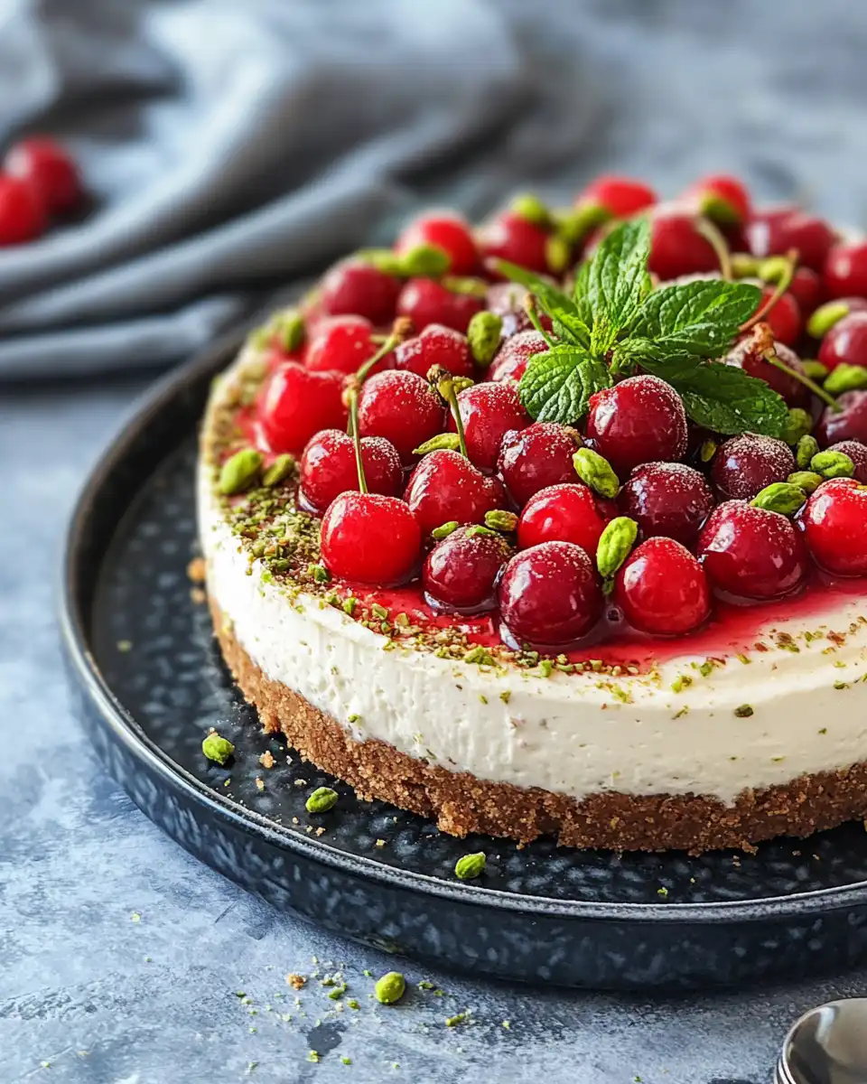 Ingredients for Cherry Pistachio Cheesecake arranged neatly