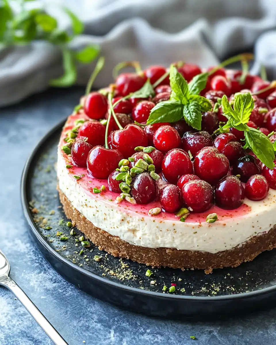 Slice of Cherry Pistachio Cheesecake with cherries and pistachios on top