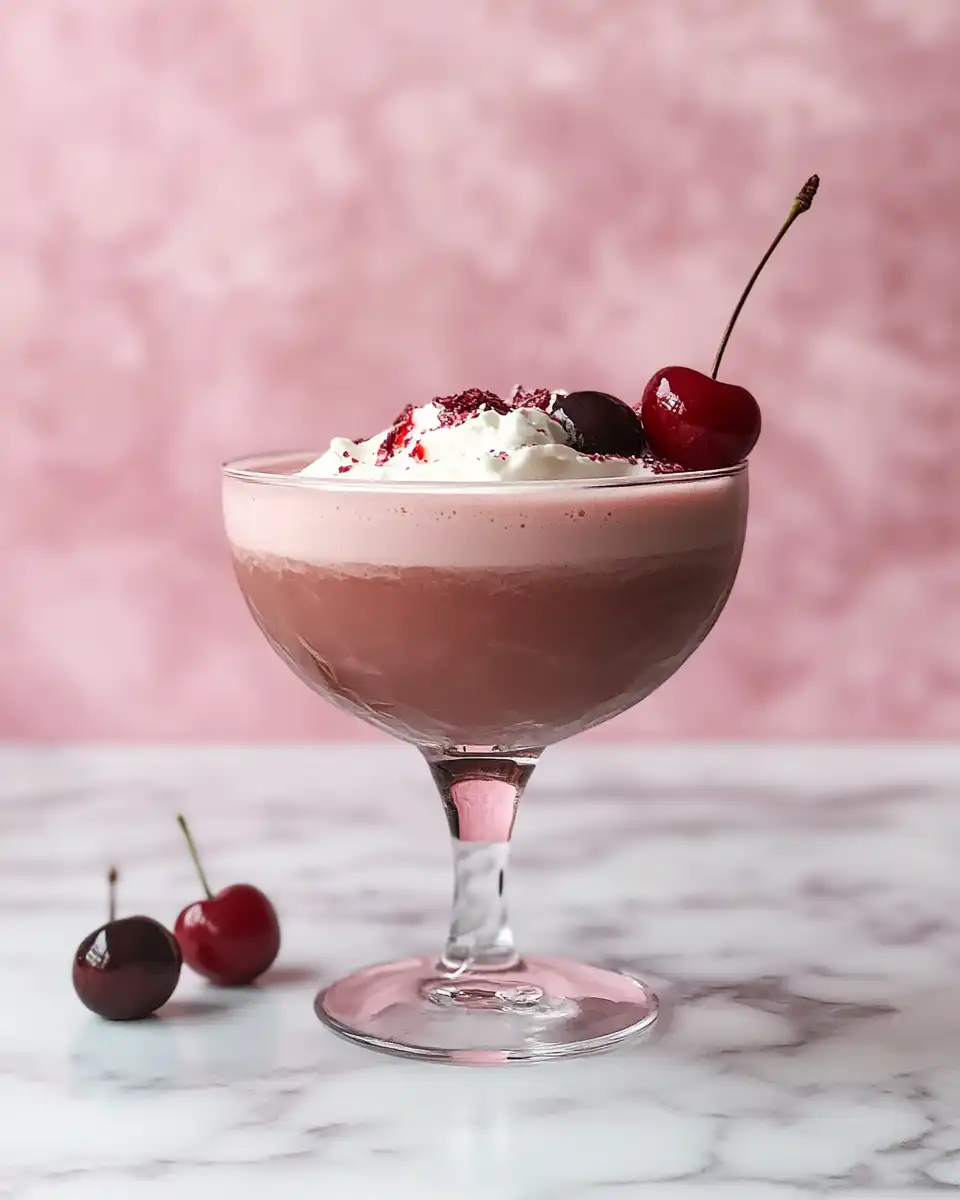 Chocolate dessert cocktail topped with sprinkles and syrup