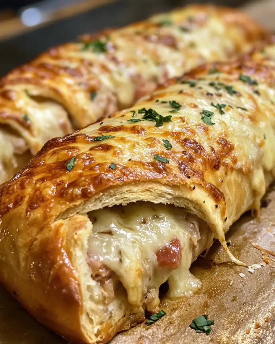 Step by step process showing layering and rolling stromboli dough with ham, chicken, and cheese