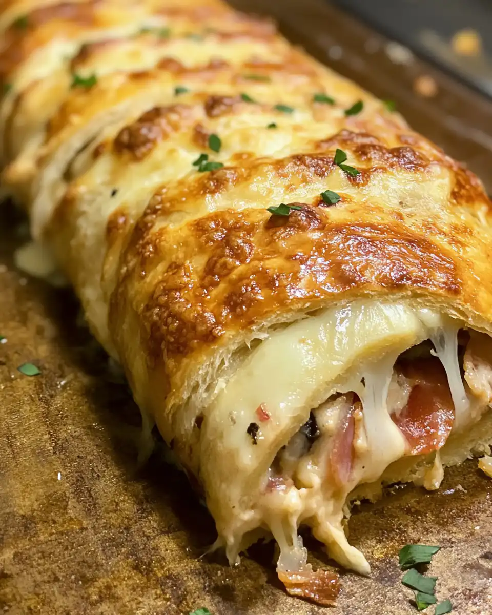 Finished Chicken Cordon Bleu Stromboli sliced and served with dipping sauce