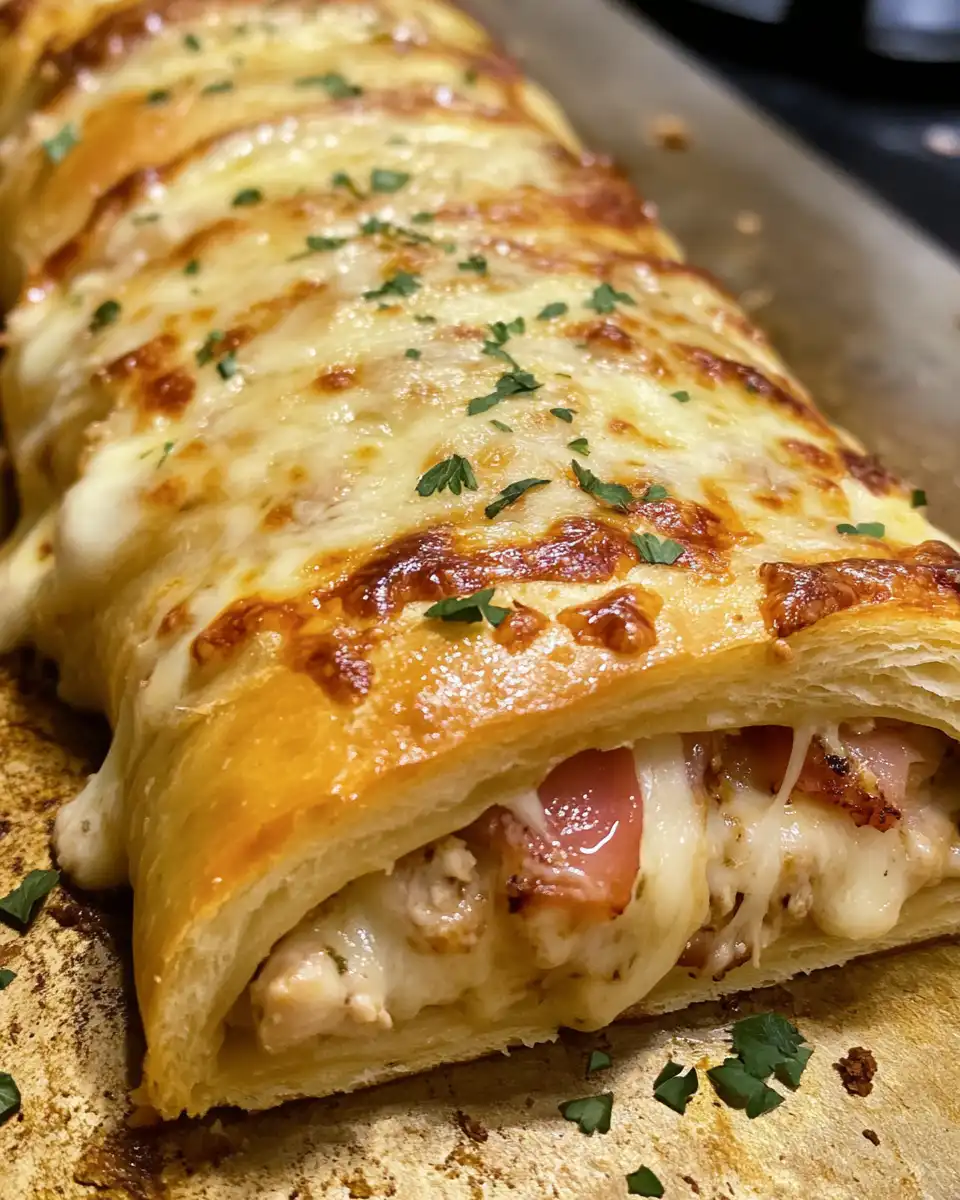 Close up of Chicken Cordon Bleu Stromboli dough layered with ham, chicken, and Swiss cheese before cooking