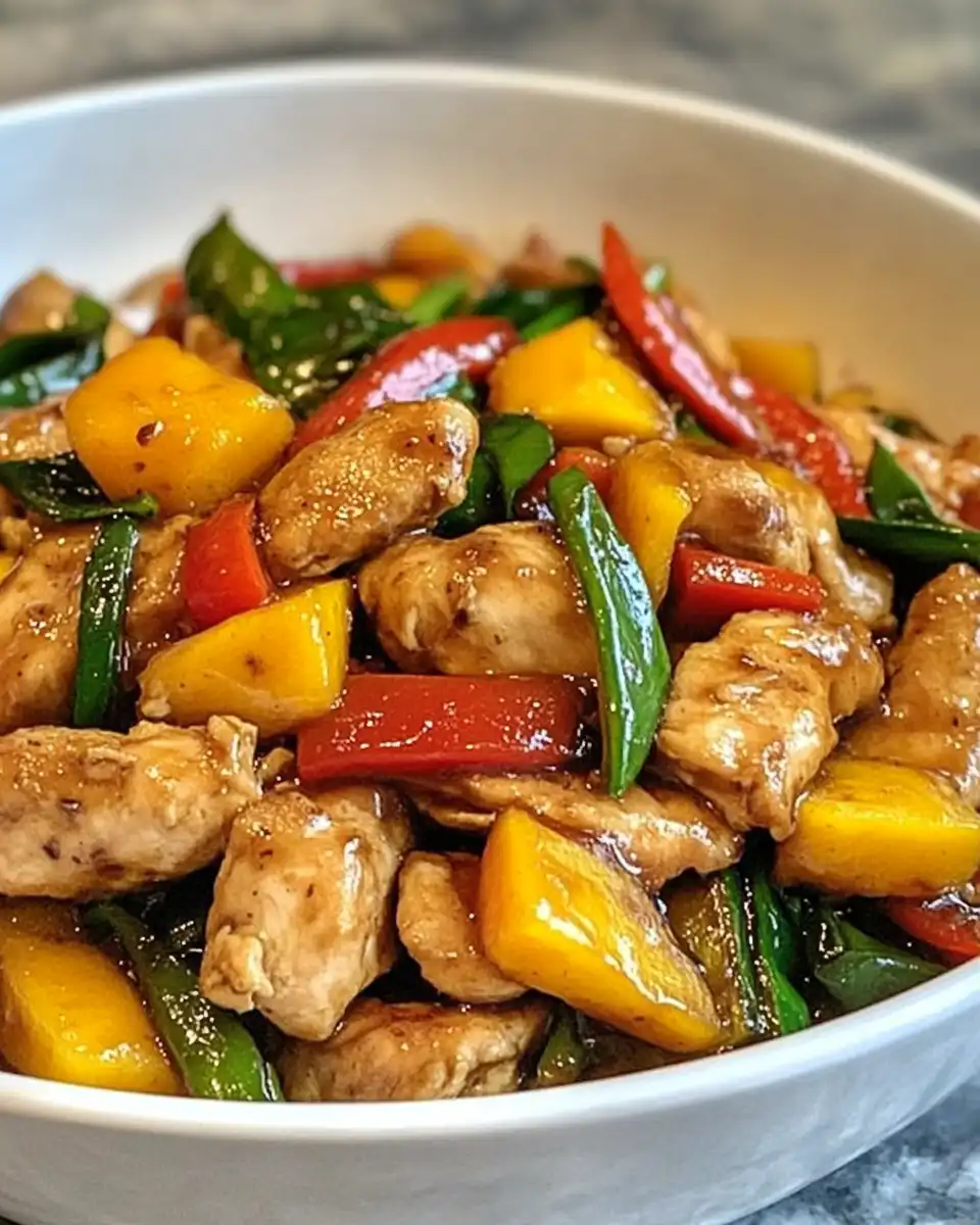 Ingredients for mango chicken showing diced mango, chicken and peppers
