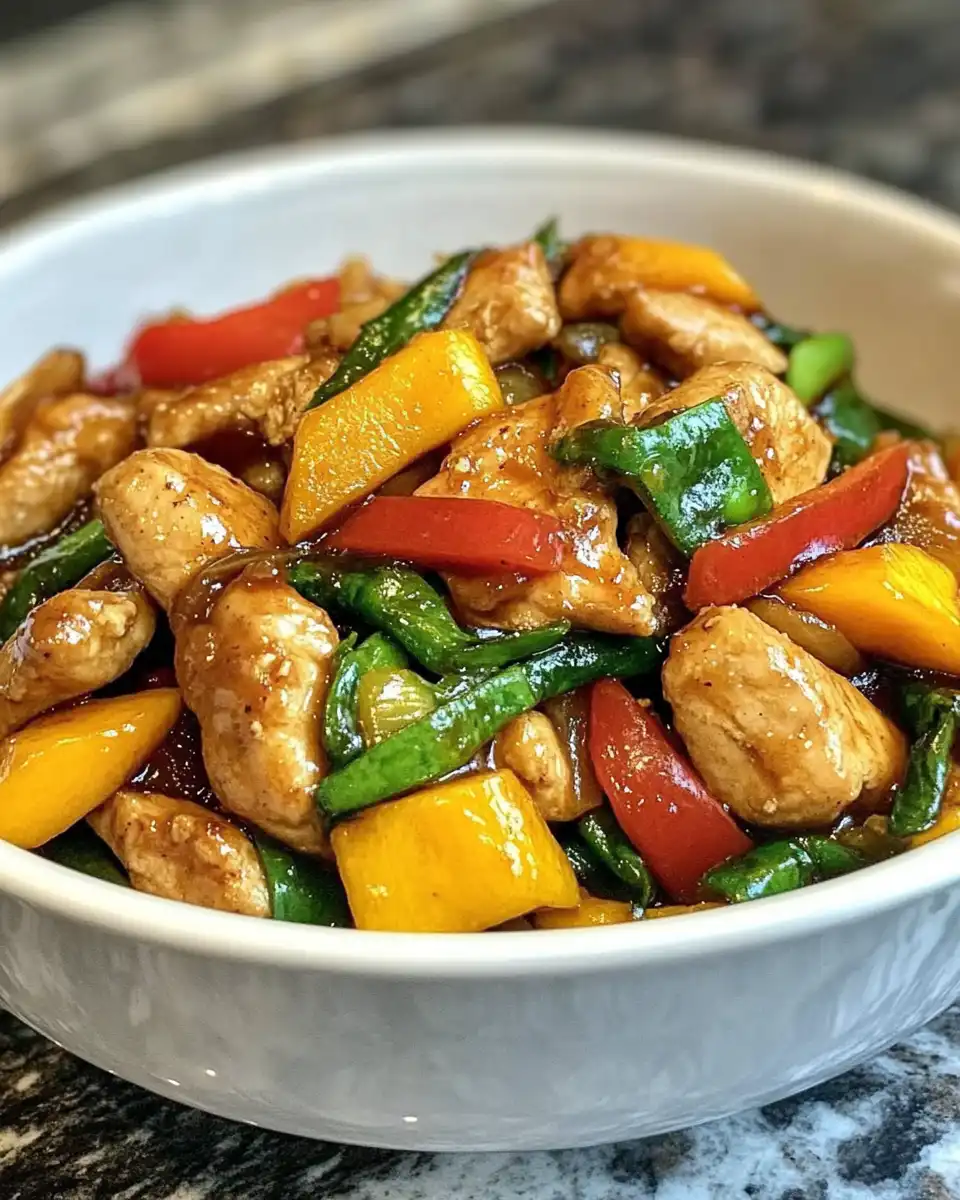 Close up of finished mango chicken dish served on plate