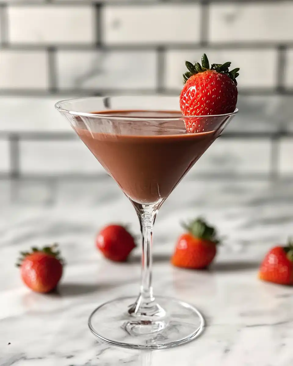 Ingredients for chocolate strawberry martini laid out on wooden table
