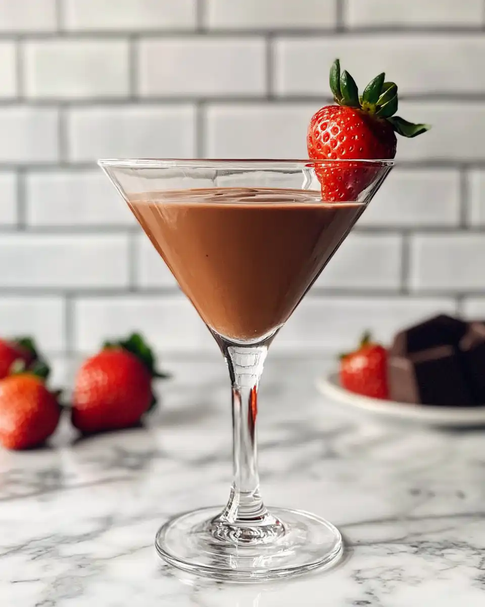 Finished chocolate strawberry martini served with fresh strawberry garnish