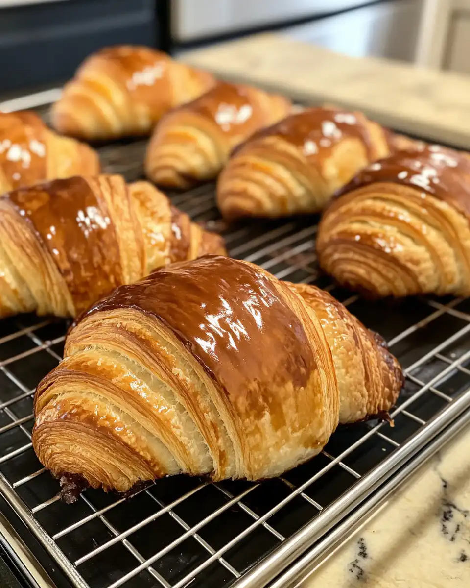 Baked chocolate croissants on parchment paper ready to serve