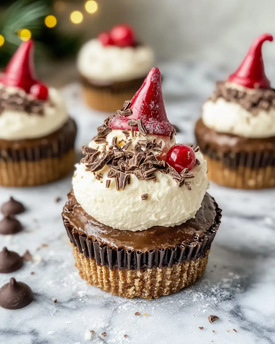 Step by step assembly of brownie bite gnomes with strawberry hats and marshmallow beards