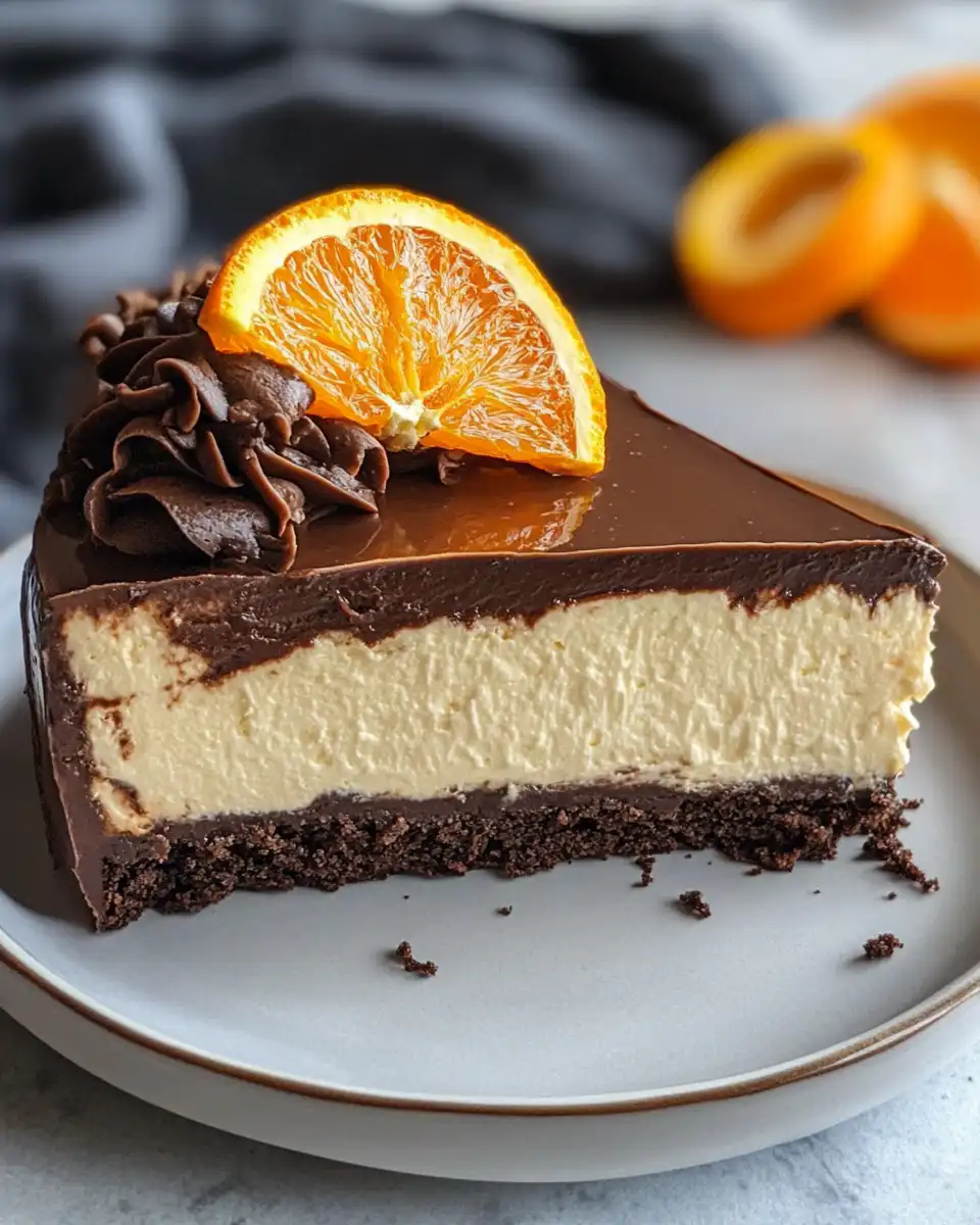 Sliced chocolate orange cheesecake showing creamy layers and chocolate chips