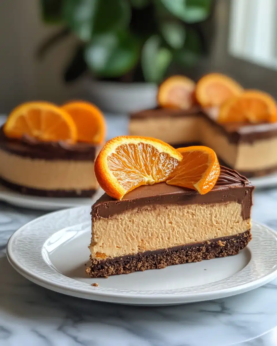 Finished chocolate orange cheesecake served with marmalade and crumbled cookies