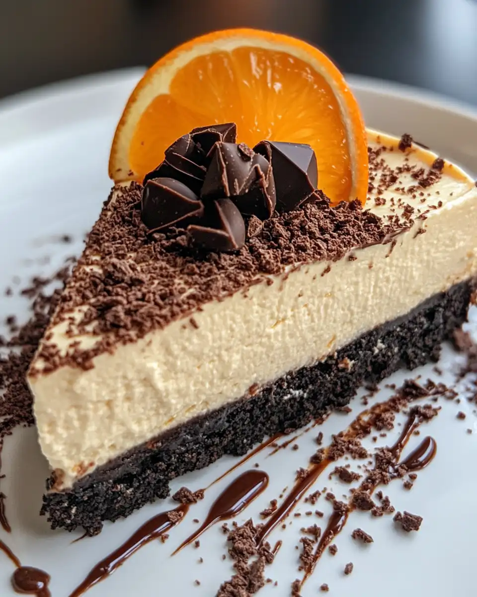 Finished chocolate orange cheesecake slice on plate ready to be enjoyed