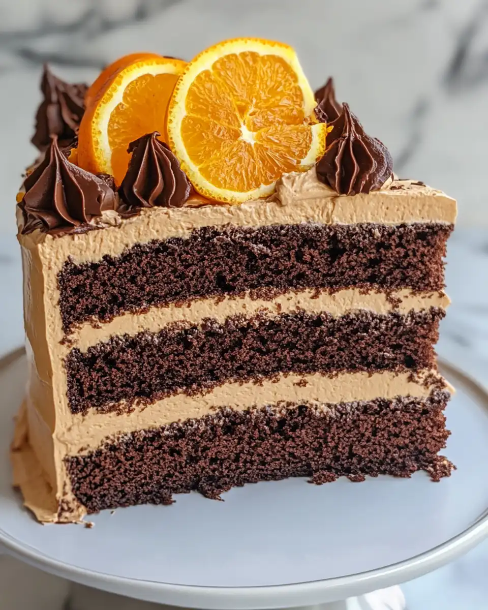 Finished chocolate orange layer cake decorated with black buttercream and orange garnishes