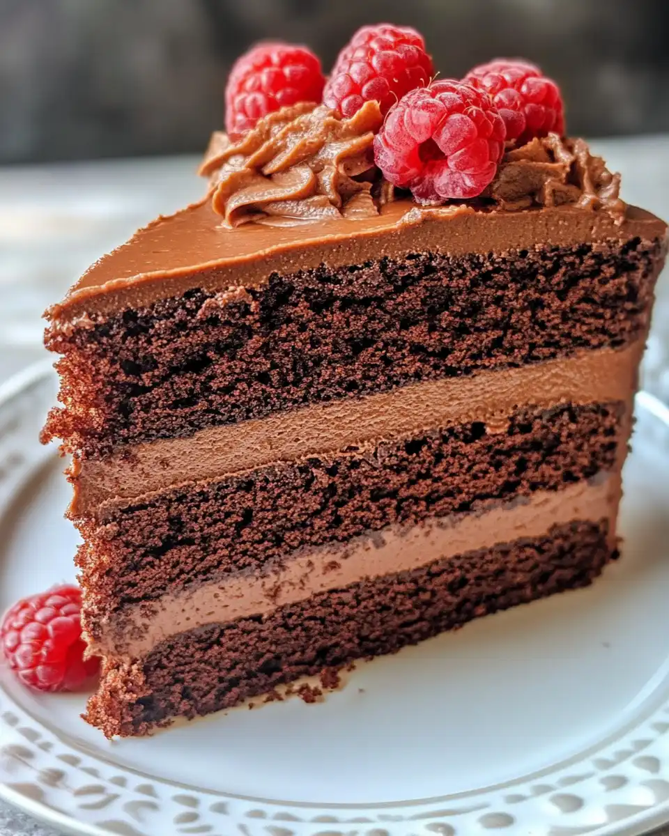Finished chocolate raspberry cake with ganache and raspberries