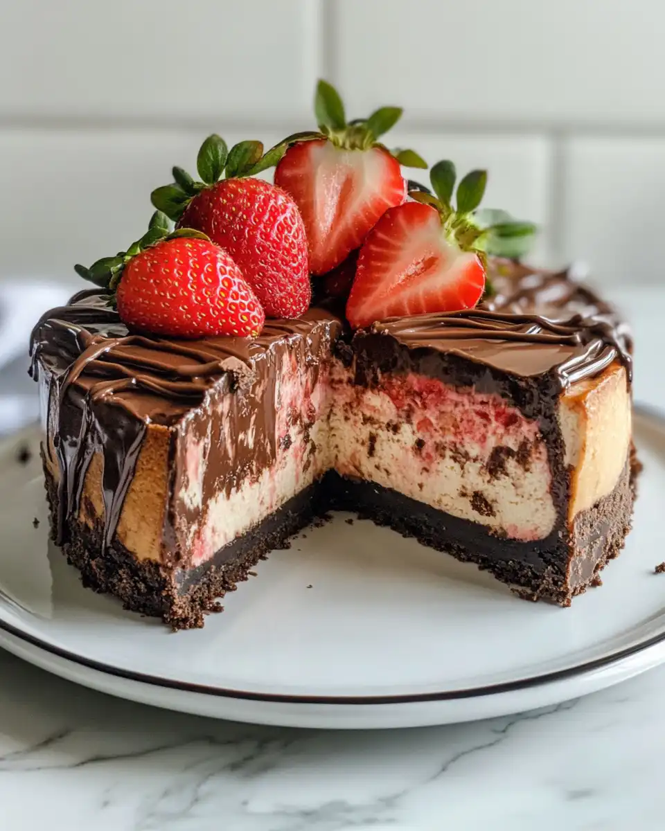 Chocolate strawberry swirl cheesecake slice