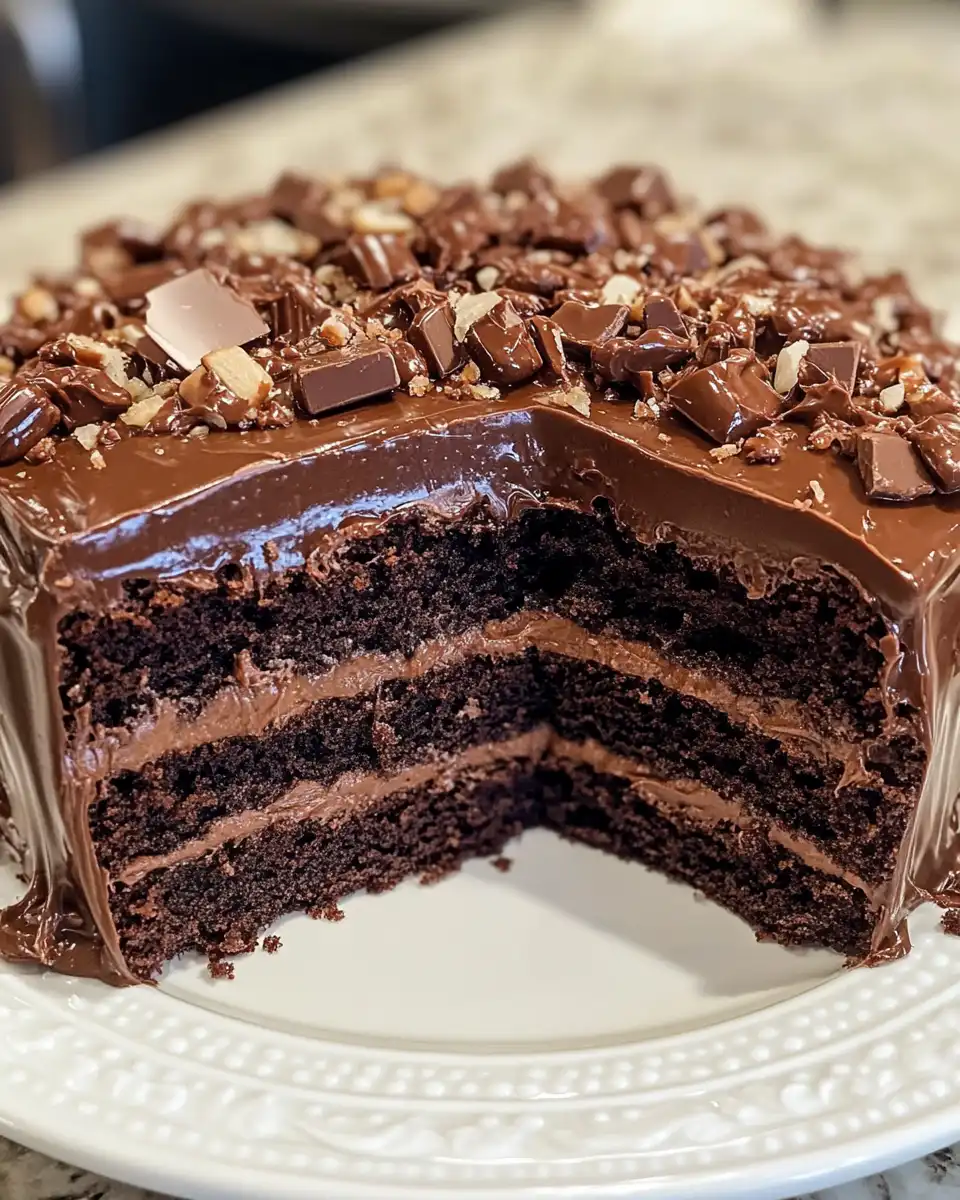 Close-up of a delicious chocolate turtle cake slice with caramel sauce and pecans