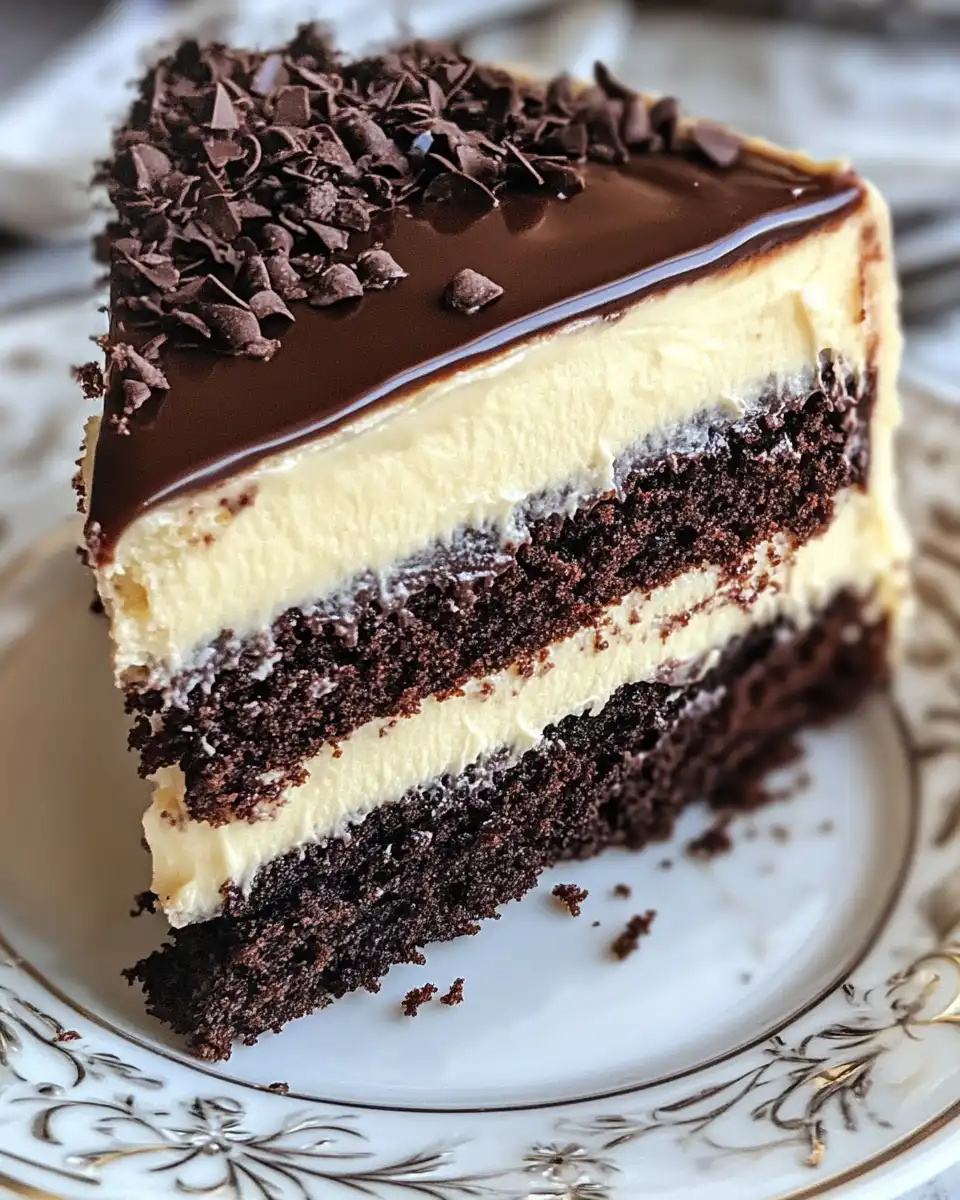 Creamy triple chocolate mousse cake layers