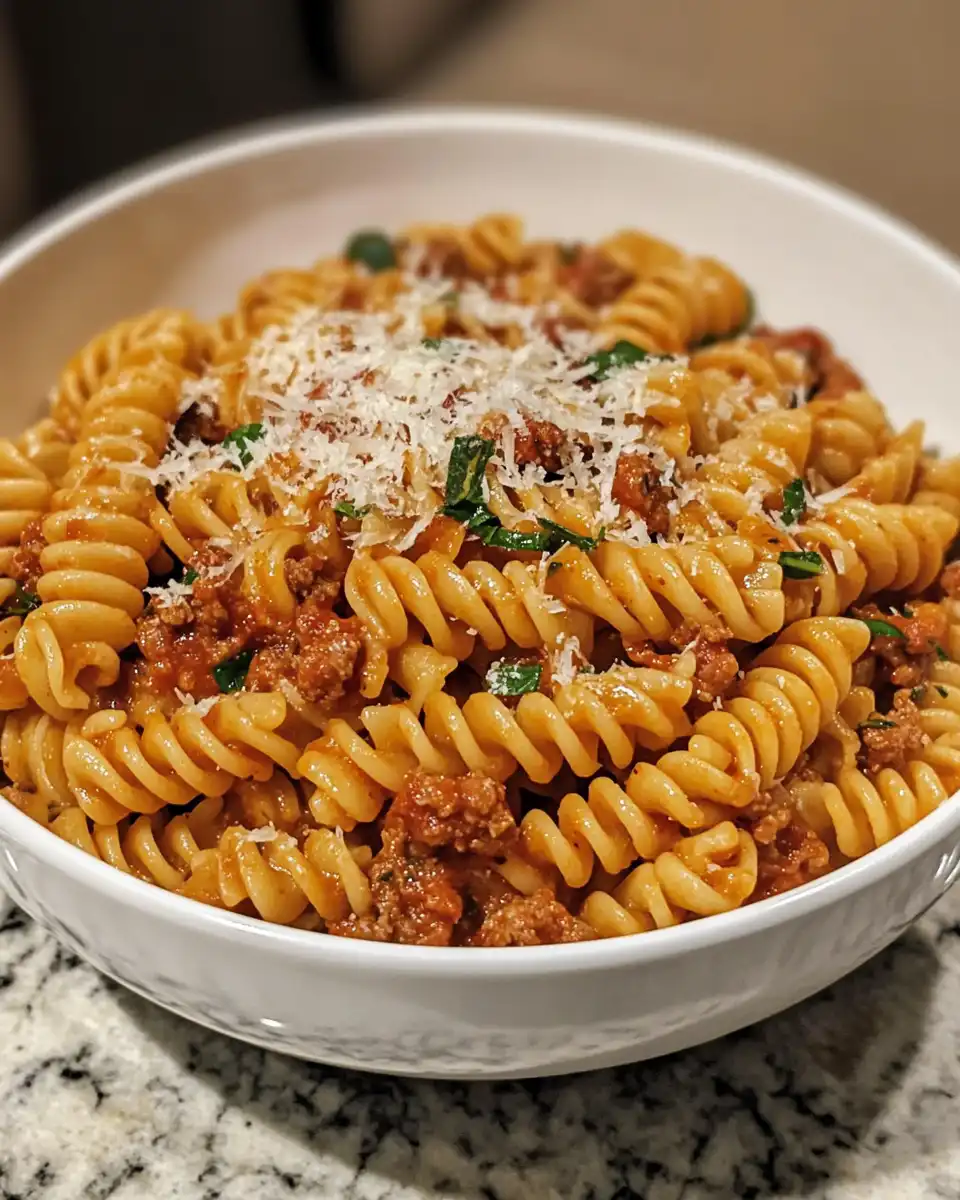 Finished creamy chorizo pasta served on plate garnished with parsley
