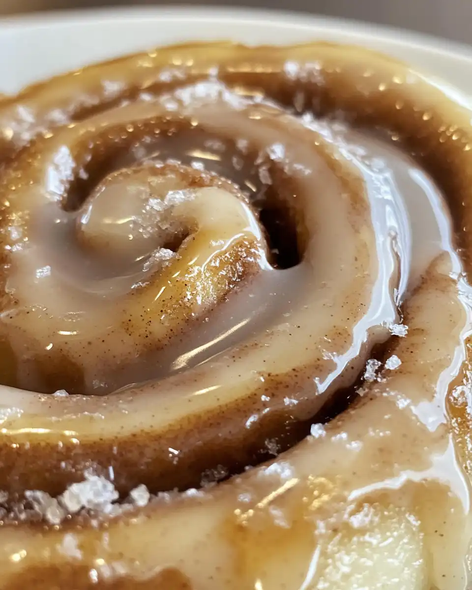 Finished cinnamon roll cake cooling and glazed on plate